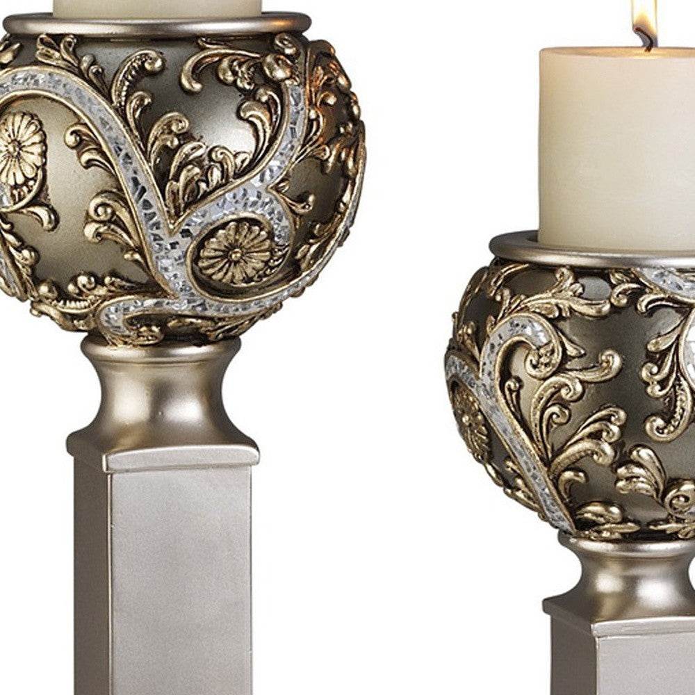 Set of Two Silver Polyresin Filigree Tabletop Pillar Candle Holders With Candle - Loft&Timber