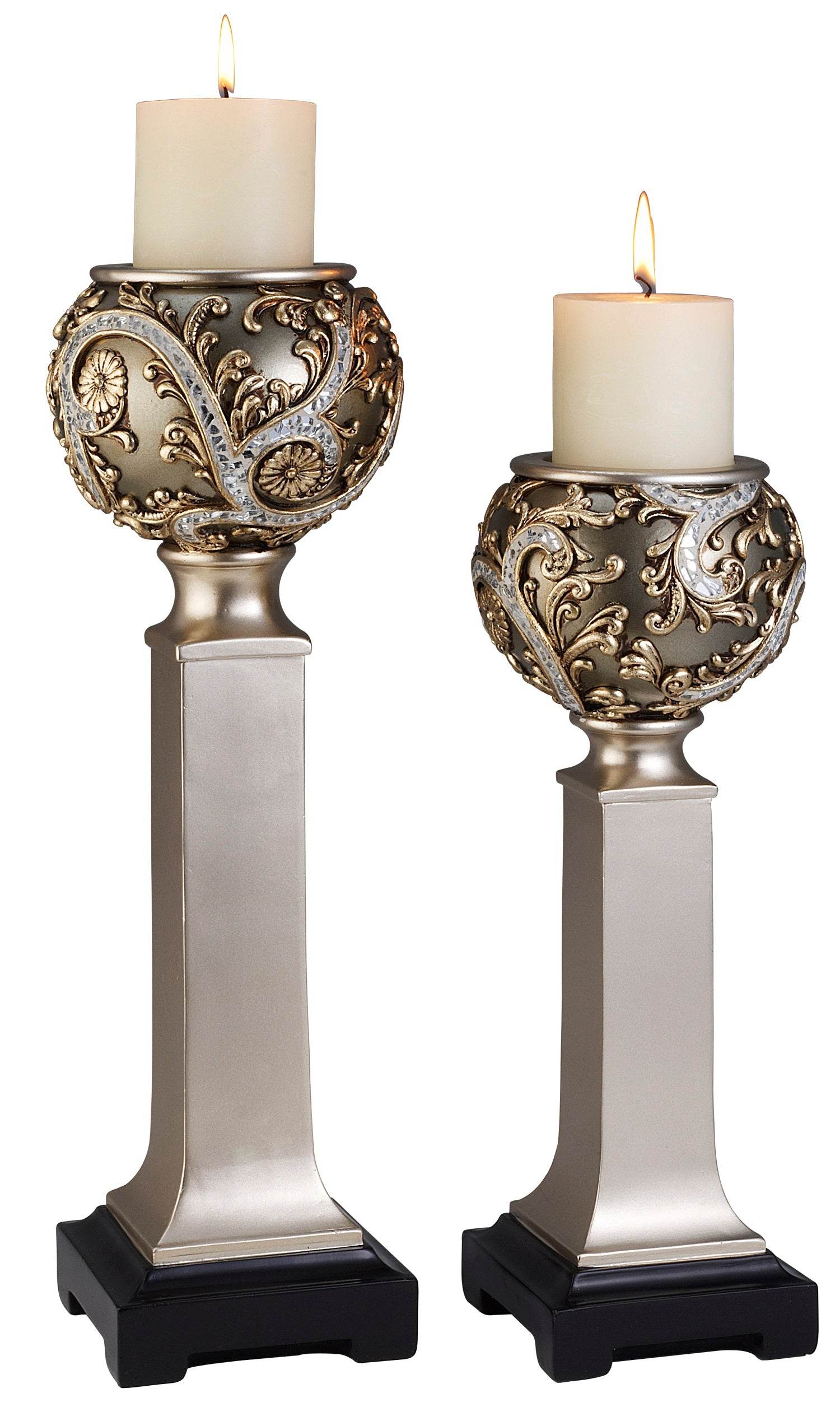 Set of Two Silver Polyresin Filigree Tabletop Pillar Candle Holders With Candle - Loft&Timber