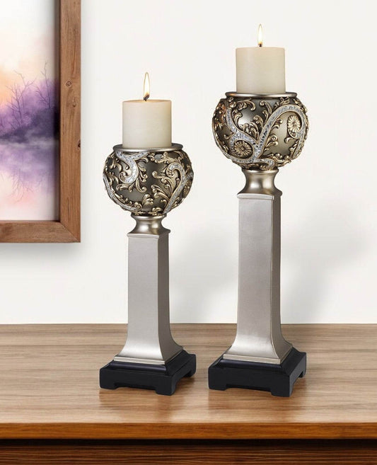 Set of Two Silver Polyresin Filigree Tabletop Pillar Candle Holders With Candle - Loft&Timber