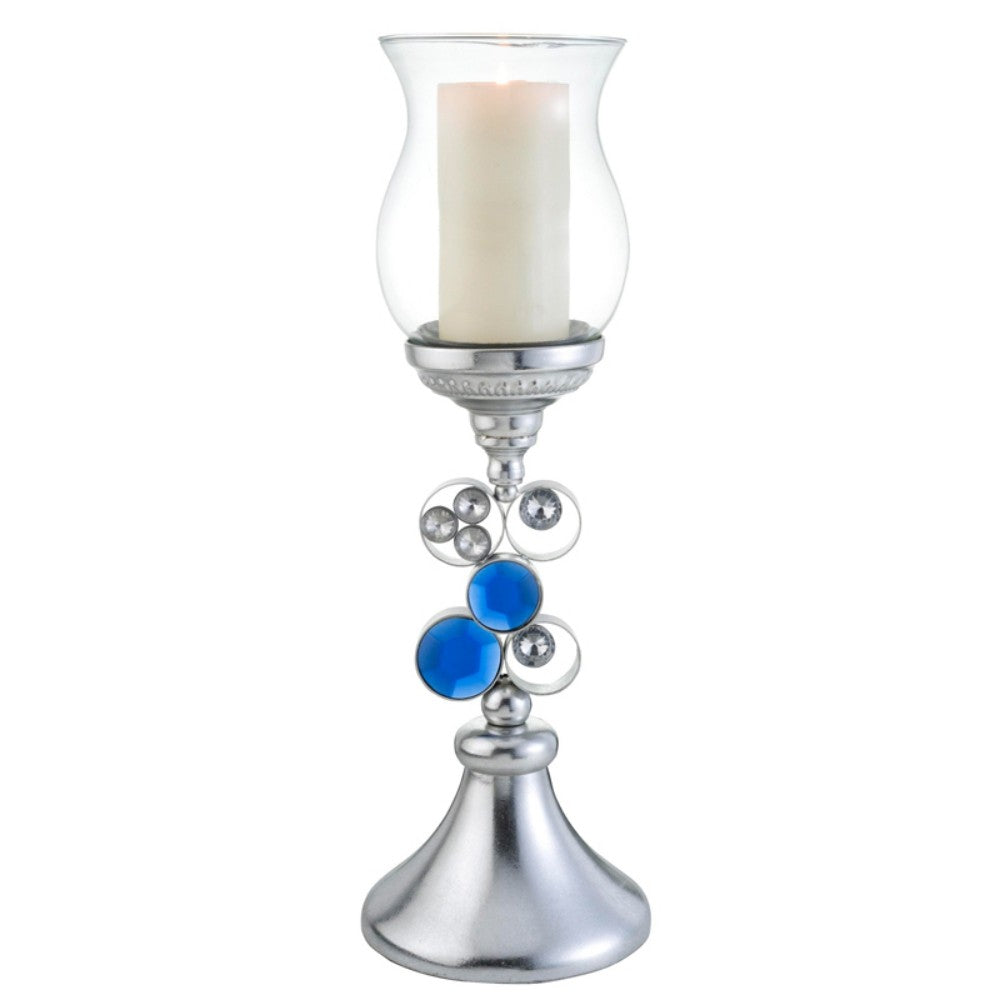 21" Silver and Blue Faux Crystal Bling Hurricane Candle Holder - Loft&Timber