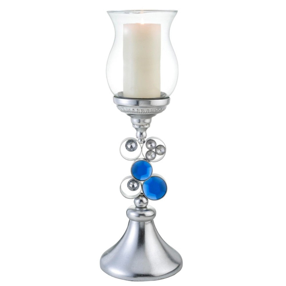 21" Silver and Blue Faux Crystal Bling Hurricane Candle Holder - Loft&Timber