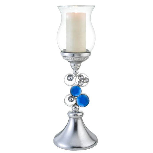 21" Silver and Blue Faux Crystal Bling Hurricane Candle Holder - Loft&Timber