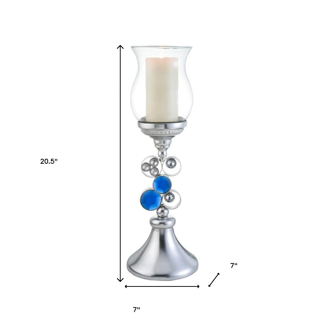 21" Silver and Blue Faux Crystal Bling Hurricane Candle Holder - Loft&Timber
