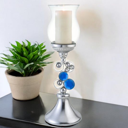 21" Silver and Blue Faux Crystal Bling Hurricane Candle Holder - Loft&Timber