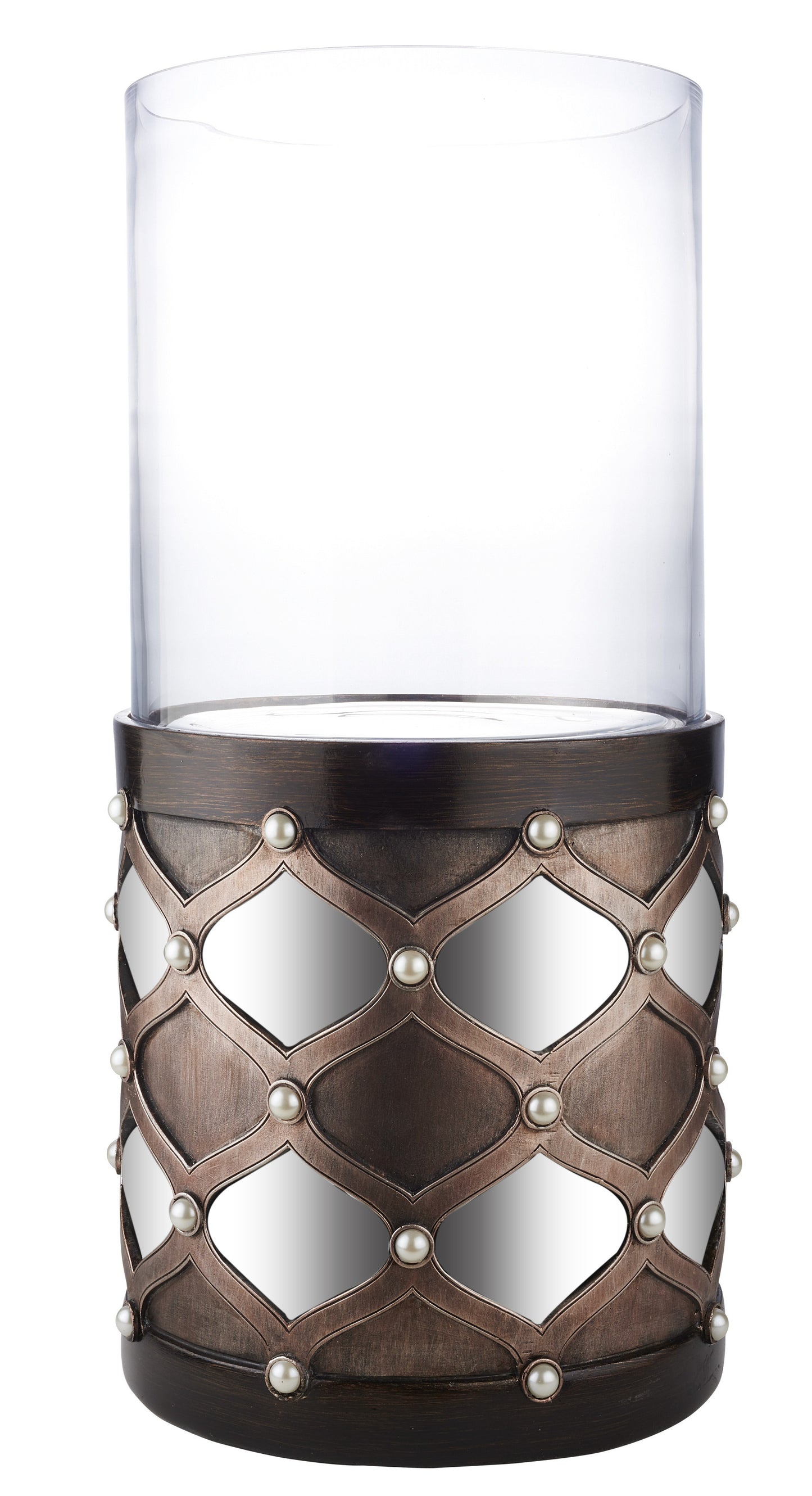22" Bronze and Silver with Pearls Tabletop Hurricane Candle Holder - Loft&Timber