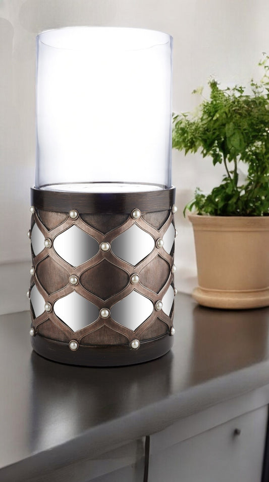 22" Bronze and Silver with Pearls Tabletop Hurricane Candle Holder - Loft&Timber