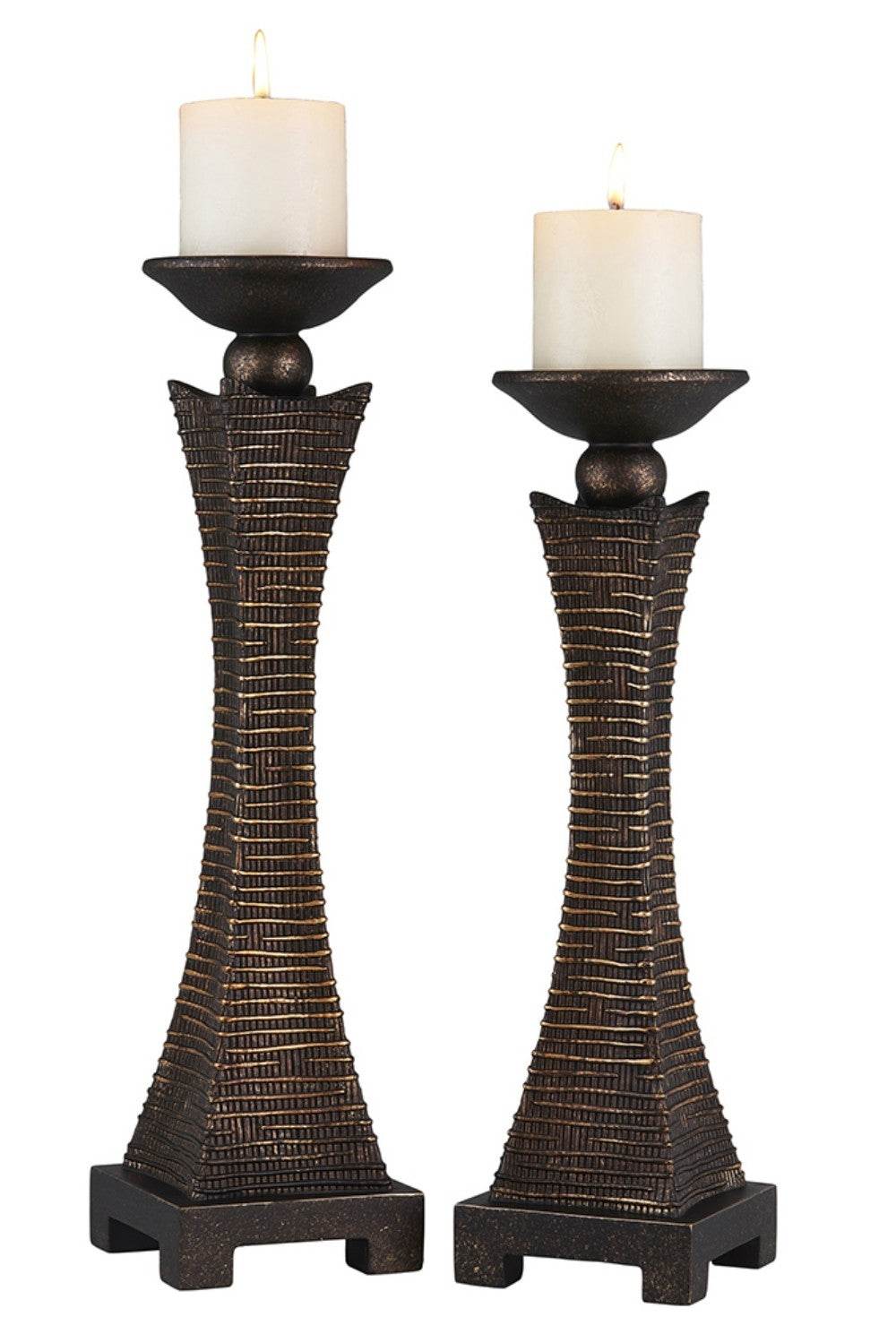 Set of Two Bronze Polyresin Woven Tabletop Pillar Candle Holders With Candle - Loft&Timber