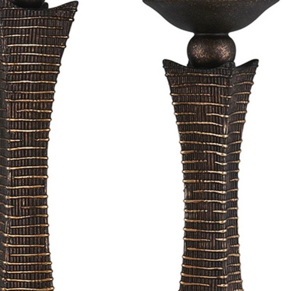 Set of Two Bronze Polyresin Woven Tabletop Pillar Candle Holders With Candle - Loft&Timber