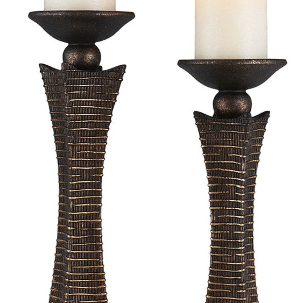 Set of Two Bronze Polyresin Woven Tabletop Pillar Candle Holders With Candle - Loft&Timber