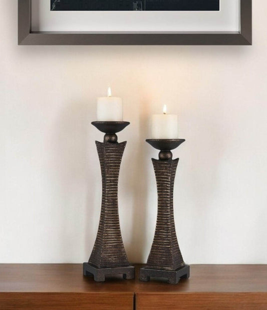 Set of Two Bronze Polyresin Woven Tabletop Pillar Candle Holders With Candle - Loft&Timber