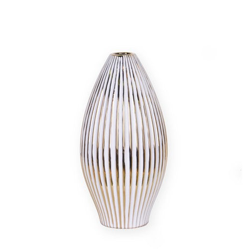 14" White and Gold Ceramic Striped Bud Vase - Loft&Timber