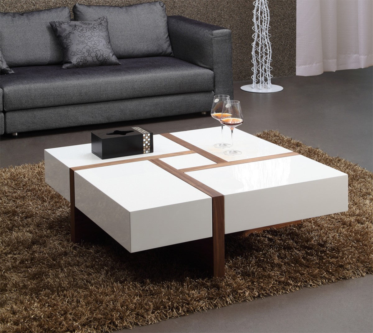 39" Brown and White Wood Square Solid Coffee Table With Four Drawers - Loft&Timber