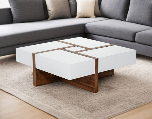 39" Brown and White Wood Square Solid Coffee Table With Four Drawers - Loft&Timber