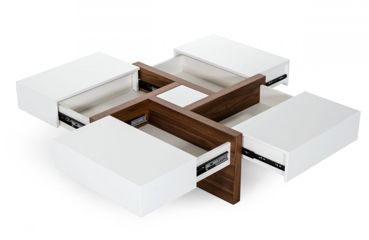 39" Brown and White Wood Square Solid Coffee Table With Four Drawers - Loft&Timber