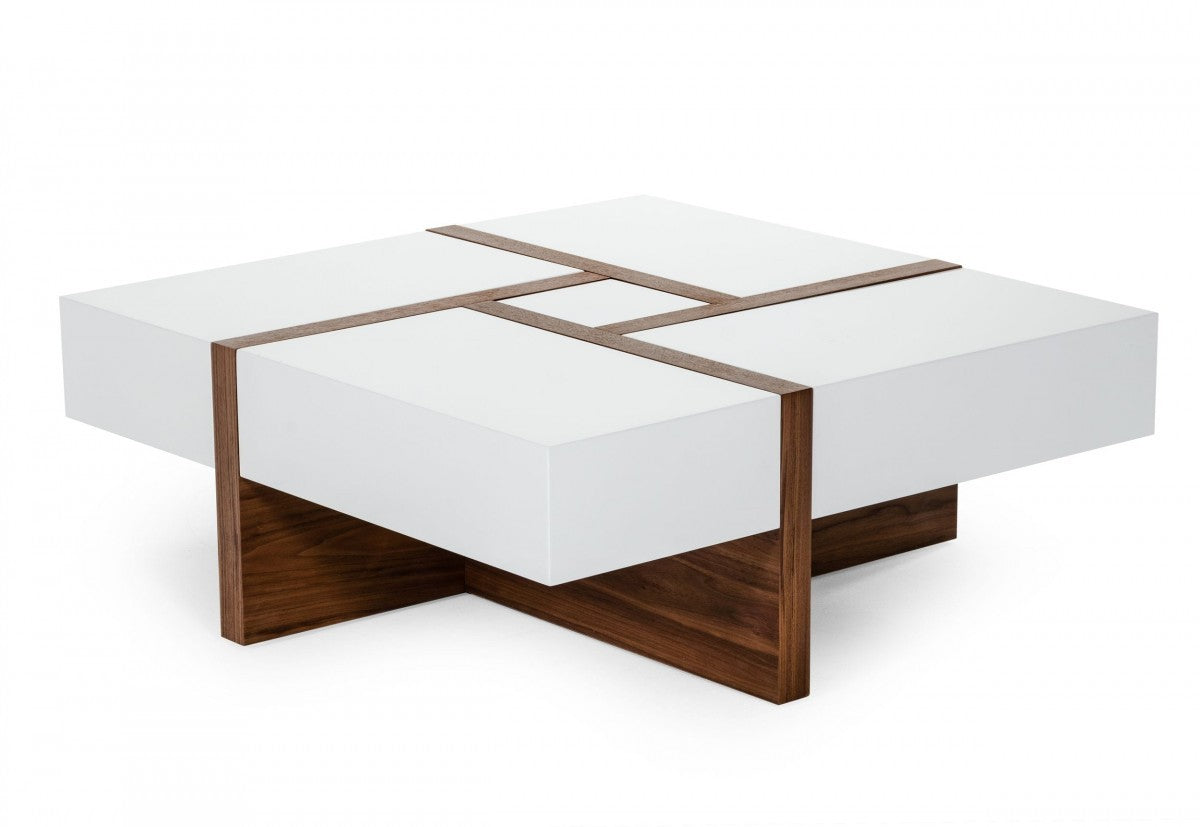 39" Brown and White Wood Square Solid Coffee Table With Four Drawers - Loft&Timber