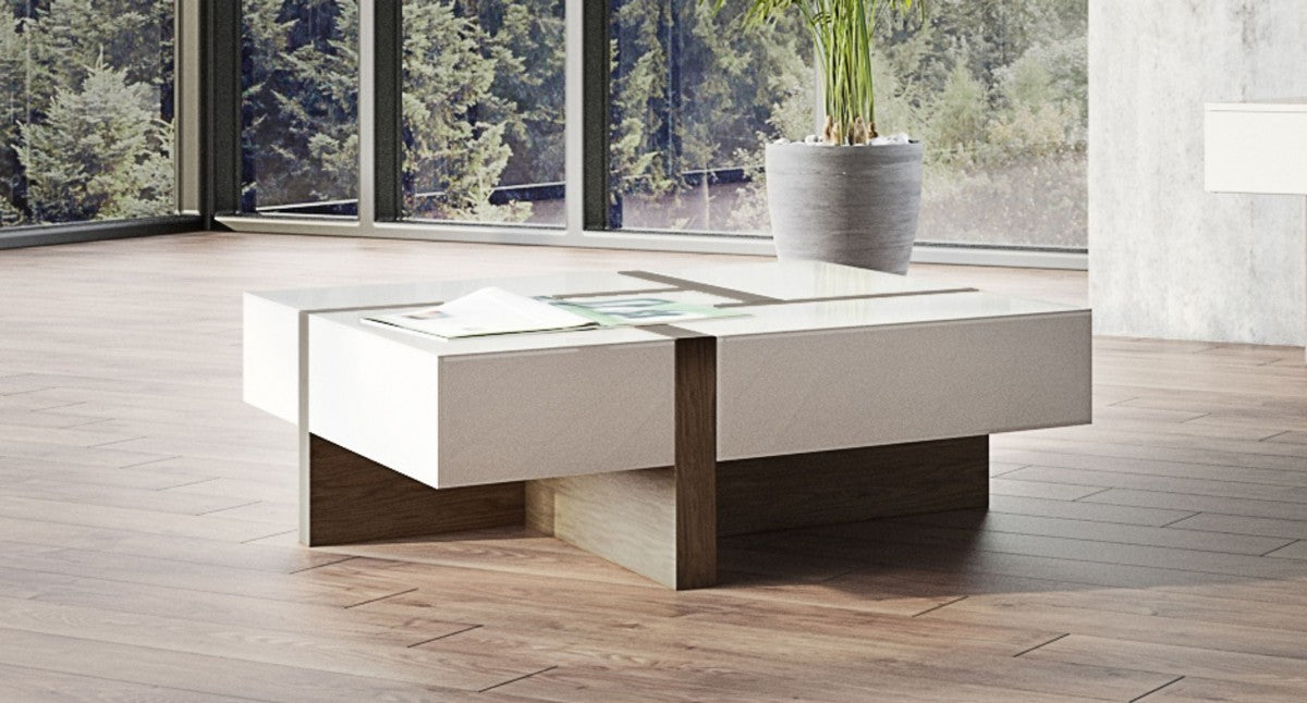 39" Brown and White Wood Square Solid Coffee Table With Four Drawers - Loft&Timber