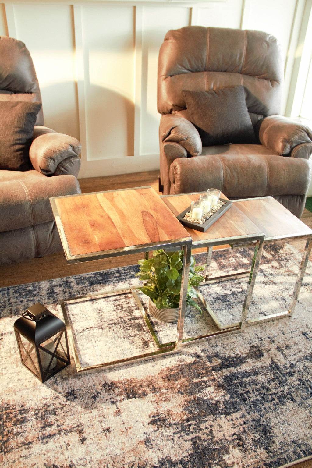 Set of Three Stylish Wood and Metal C Shaped Nesting End Tables - Loft&Timber