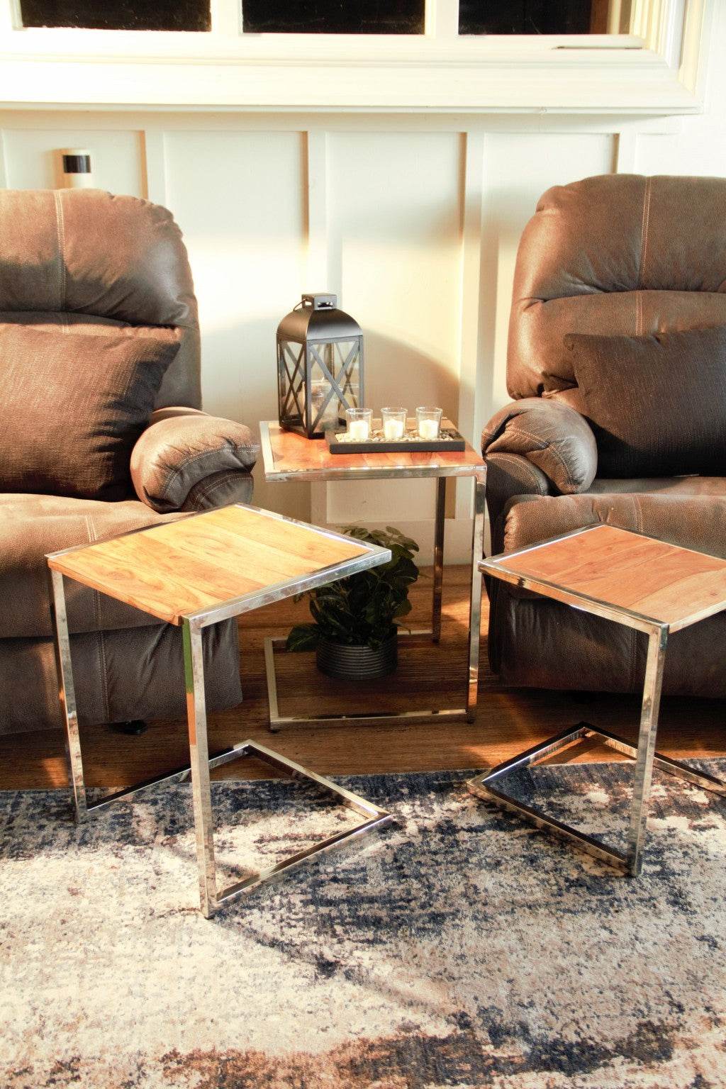 Set of Three Stylish Wood and Metal C Shaped Nesting End Tables - Loft&Timber