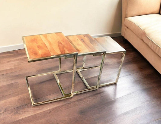 Set of Three Stylish Wood and Metal C Shaped Nesting End Tables - Loft&Timber