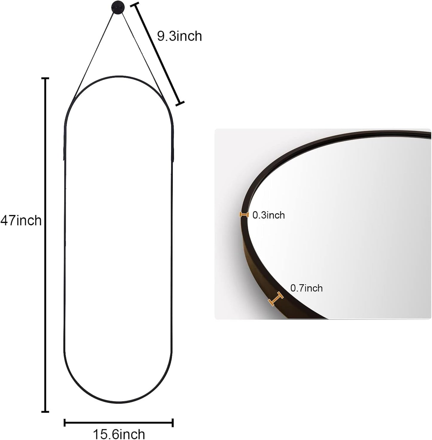 16"X48" Oval Hanging Mirror with Leather Strap Full Length Mirror Aluminum Frame Wall-Mounted Hanging Mirrors for Bathroom Vanity Living Room Bedroom Entryway Decor - Loft&Timber