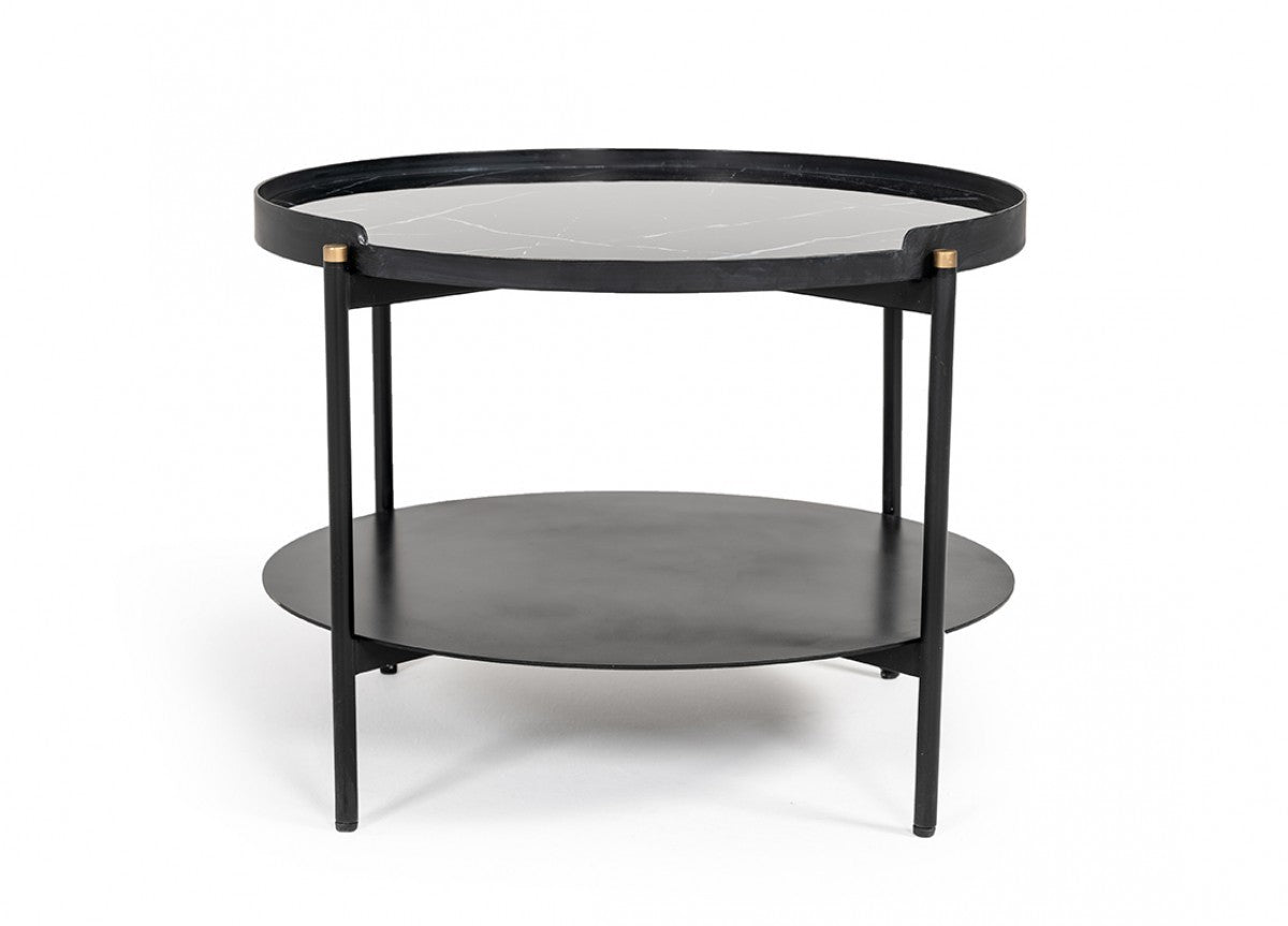 24" Black Faux Marble And Metal Round Coffee Table With Shelf - Loft&Timber