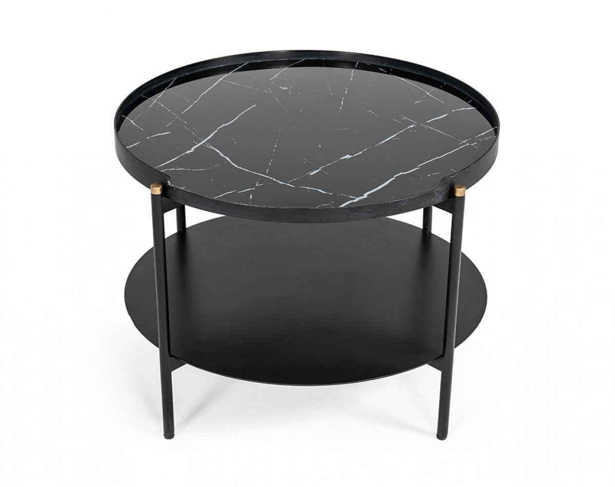 24" Black Faux Marble And Metal Round Coffee Table With Shelf - Loft&Timber