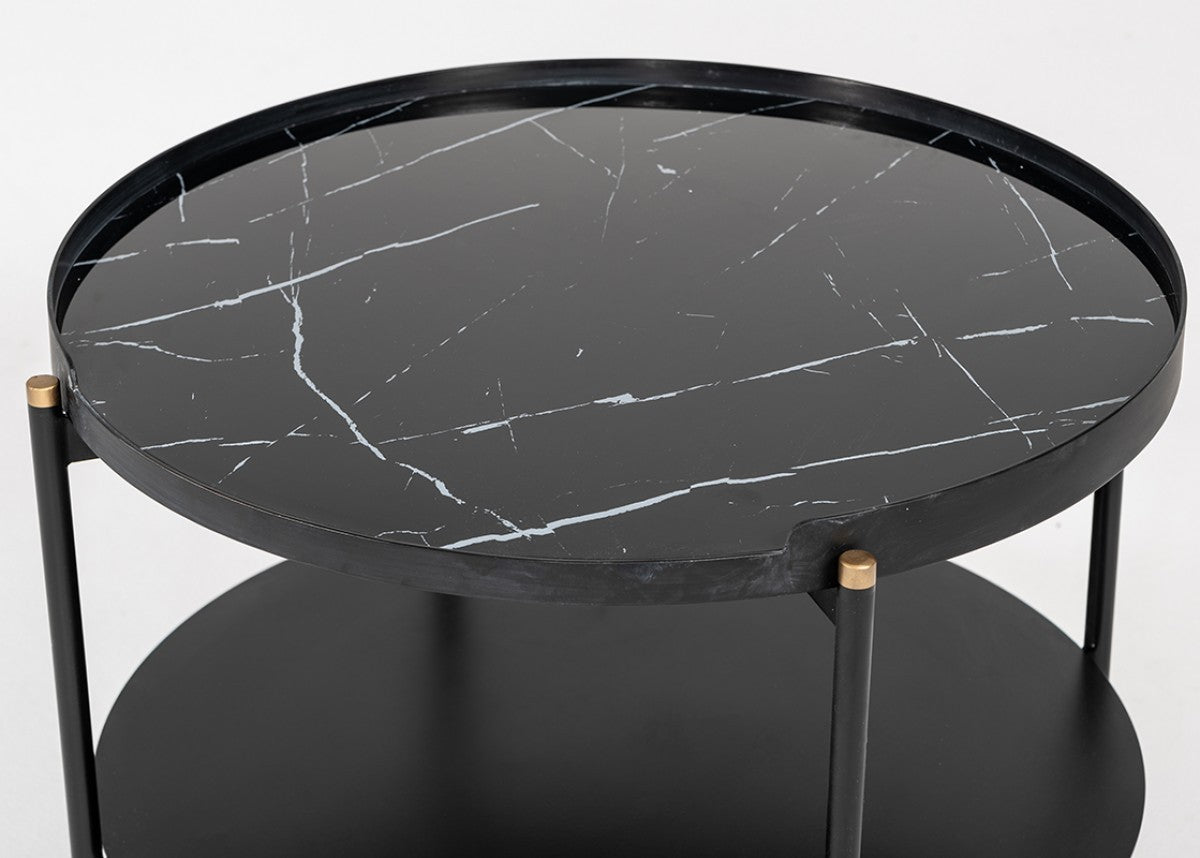 24" Black Faux Marble And Metal Round Coffee Table With Shelf - Loft&Timber