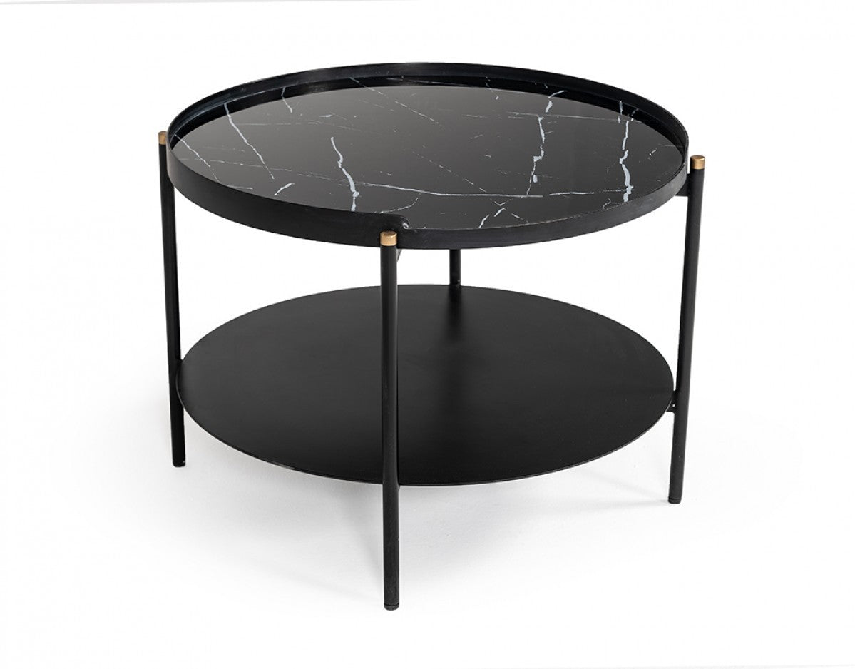 24" Black Faux Marble And Metal Round Coffee Table With Shelf - Loft&Timber