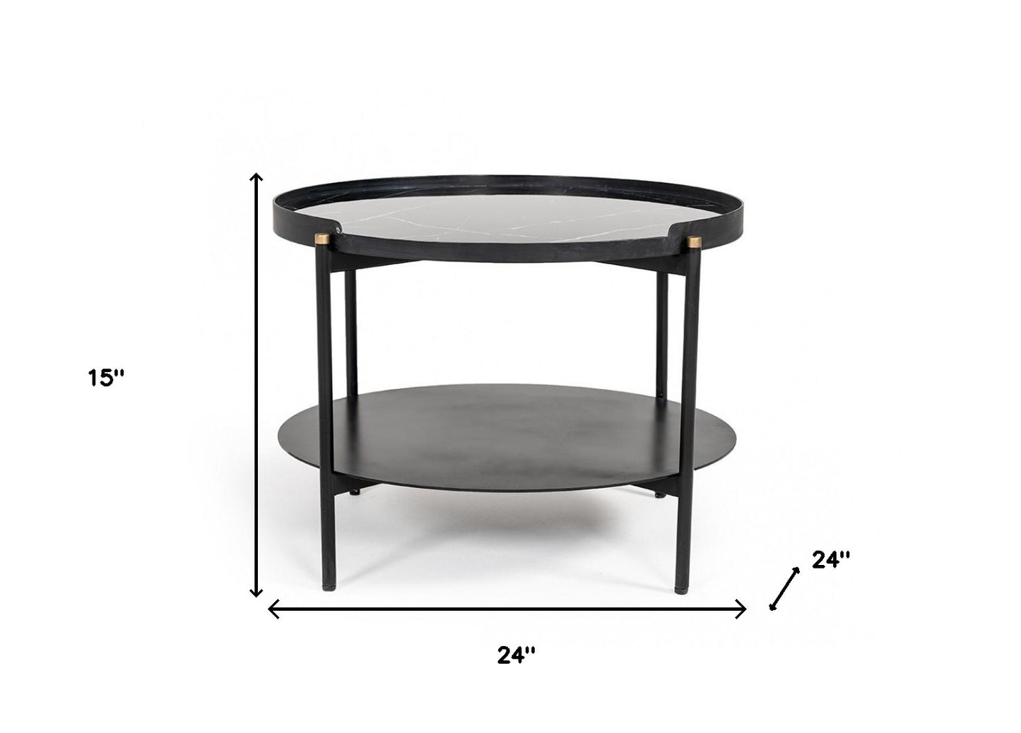 24" Black Faux Marble And Metal Round Coffee Table With Shelf - Loft&Timber
