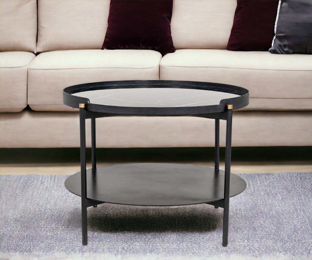 24" Black Faux Marble And Metal Round Coffee Table With Shelf - Loft&Timber