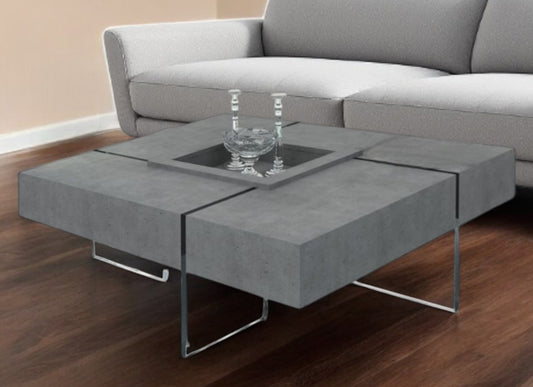 47" Gray and Clear Concrete And Glass Square Solid Coffee Table - Loft&Timber