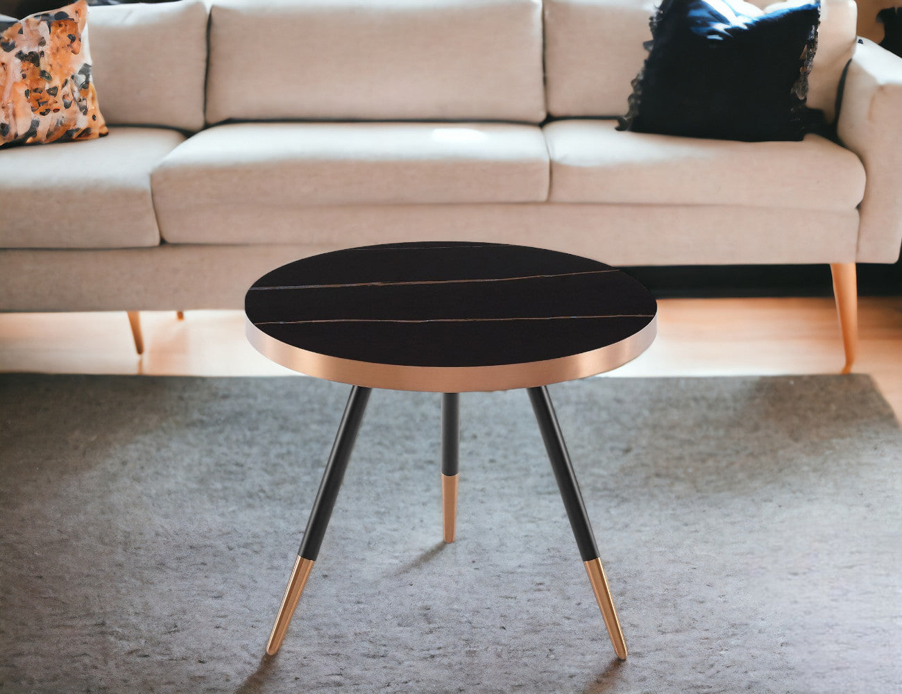 20" Black and Gold Faux Marble And Metal Round Coffee Table - Loft&Timber
