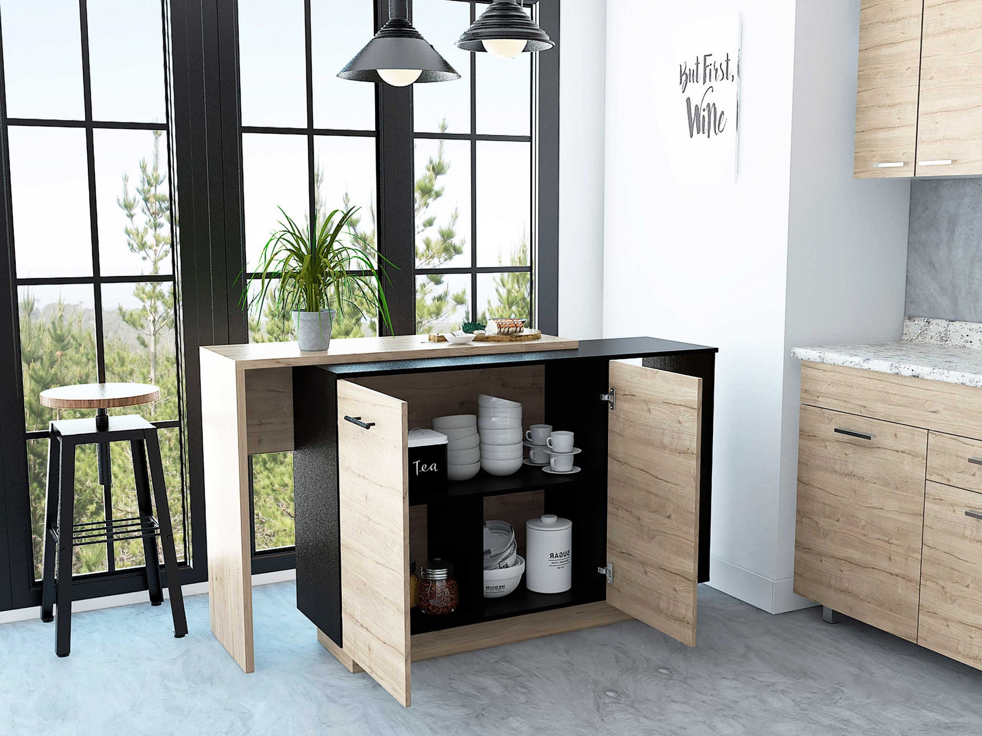 Natural and Natural And Black 59" Kitchen Island With Storage - Loft&Timber
