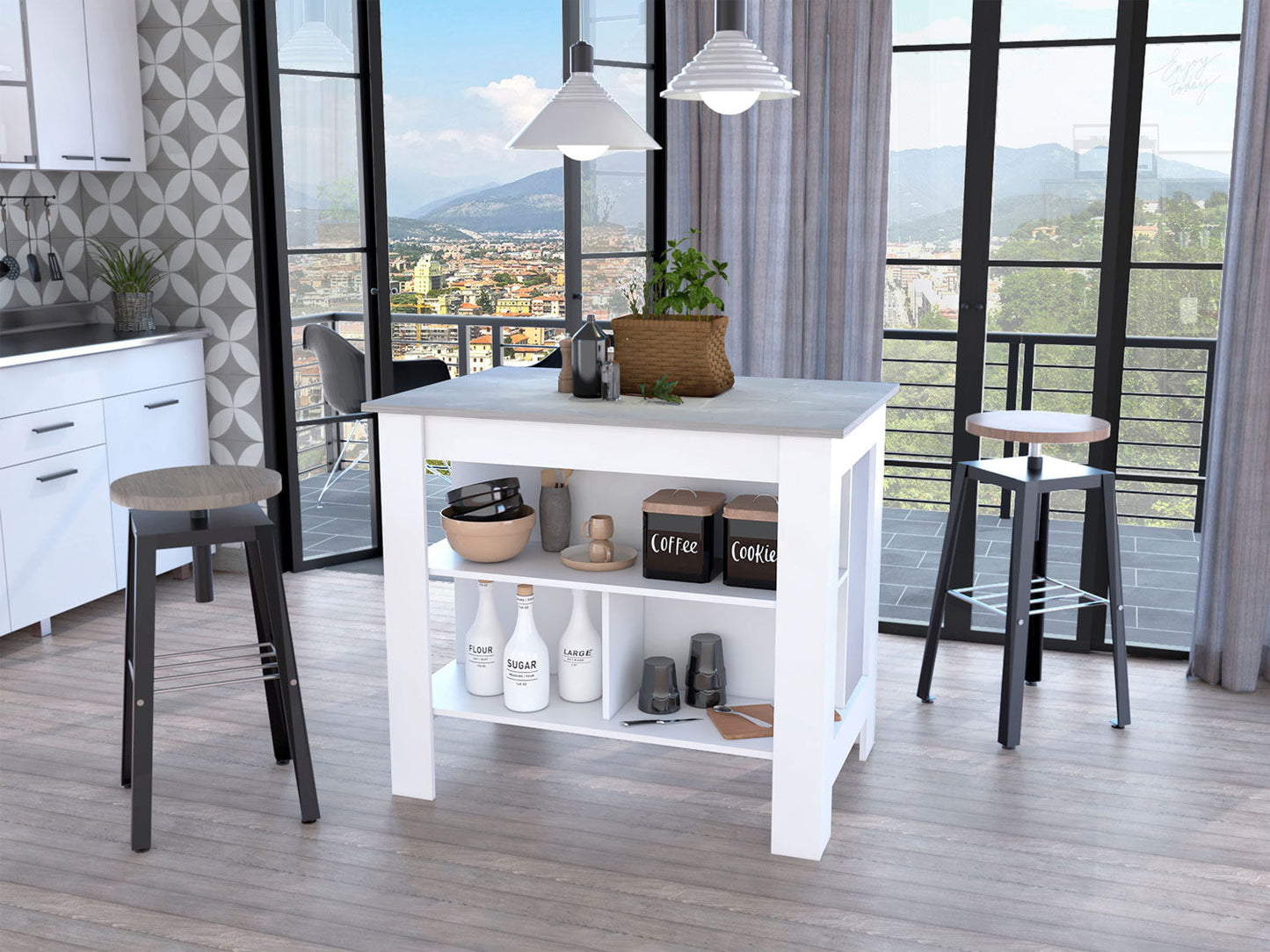 White and Gray 41" Kitchen Island With Storage - Loft&Timber