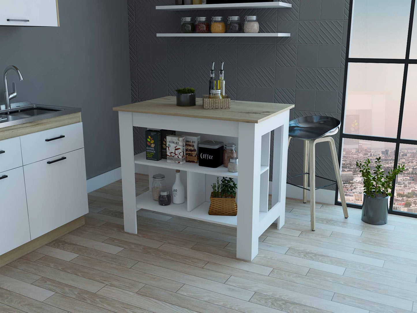White and Brown 41" Kitchen Island With Storage - Loft&Timber