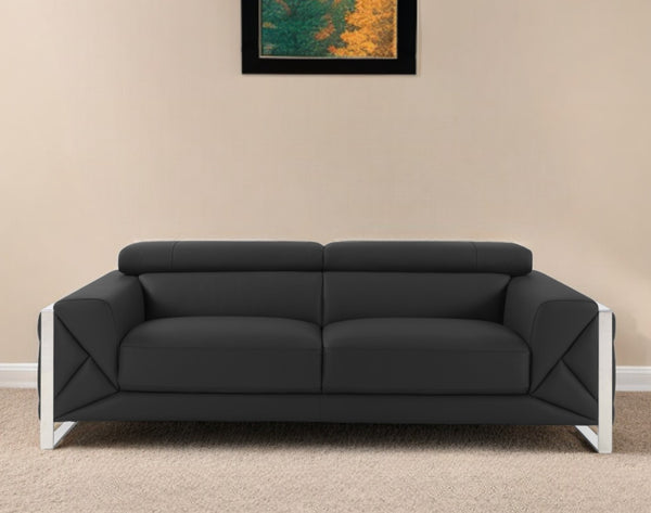 89" Dark Gray Italian Leather Sofa With Silver Legs-0