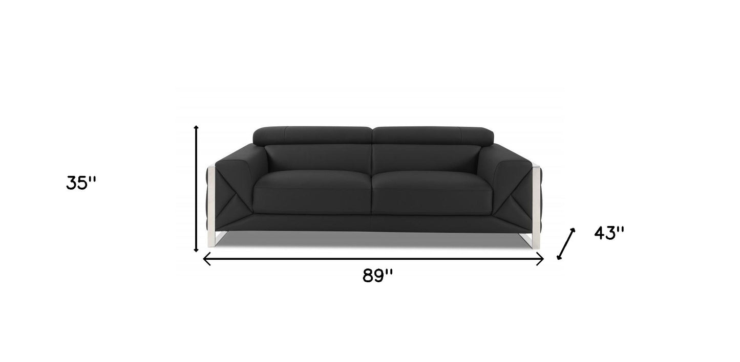 89" Dark Gray Italian Leather Sofa With Silver Legs-7
