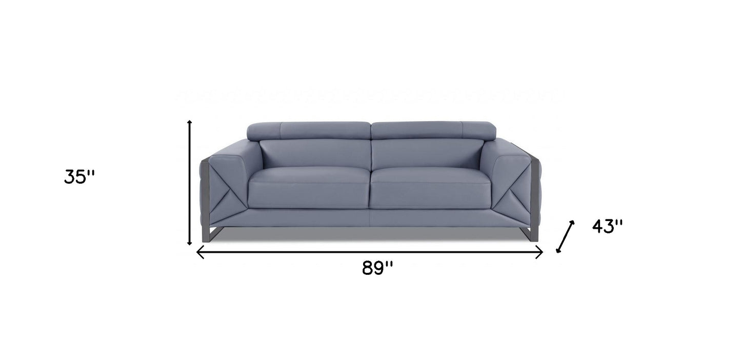 89" Light Blue Italian Leather Sofa With Chrome Legs-6