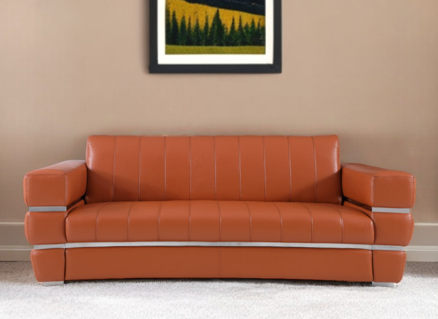 89" Camel Italian Leather Sofa With Silver Legs-0