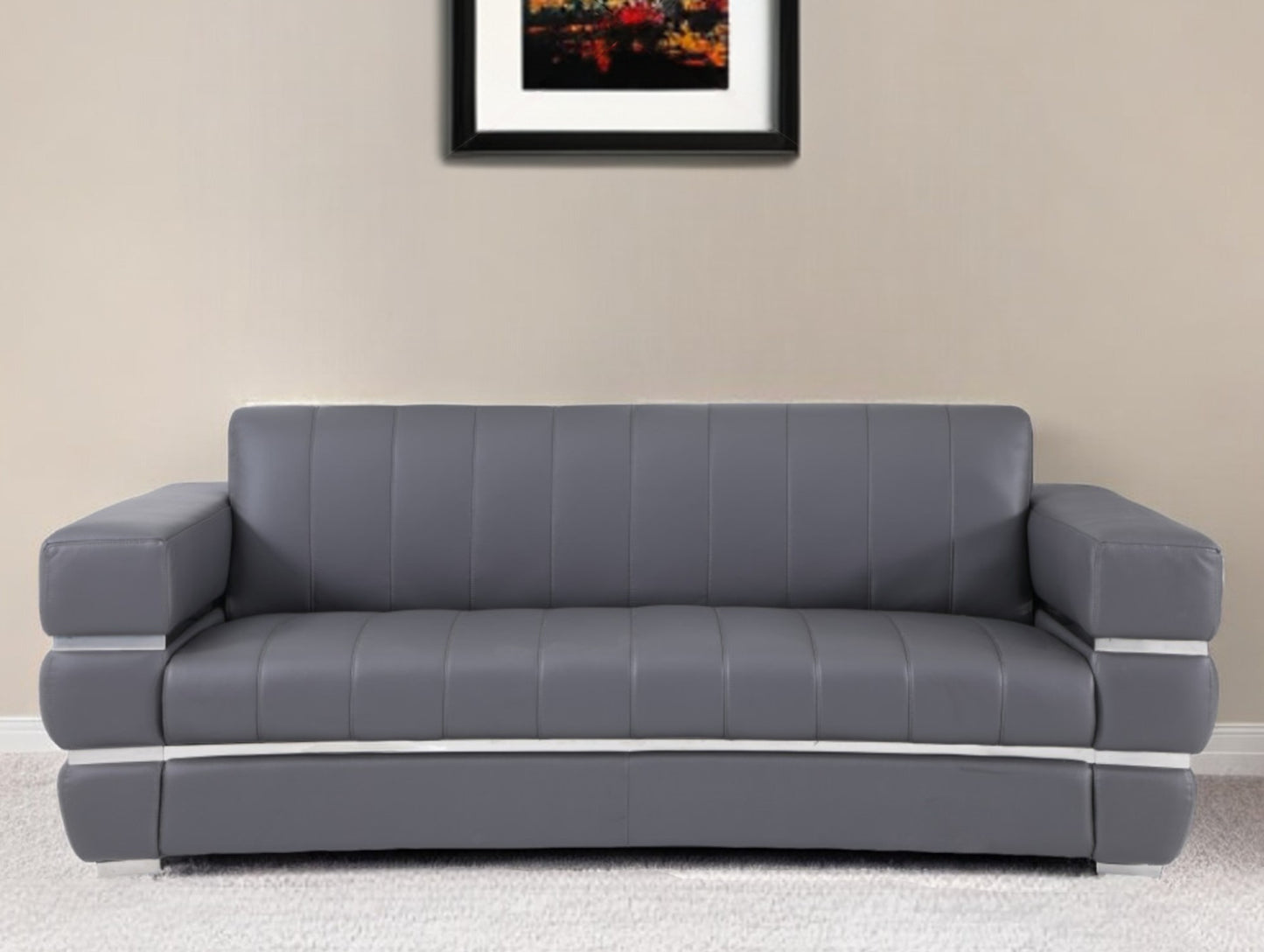 89" Dark Gray Italian Leather Sofa With Silver Legs-0
