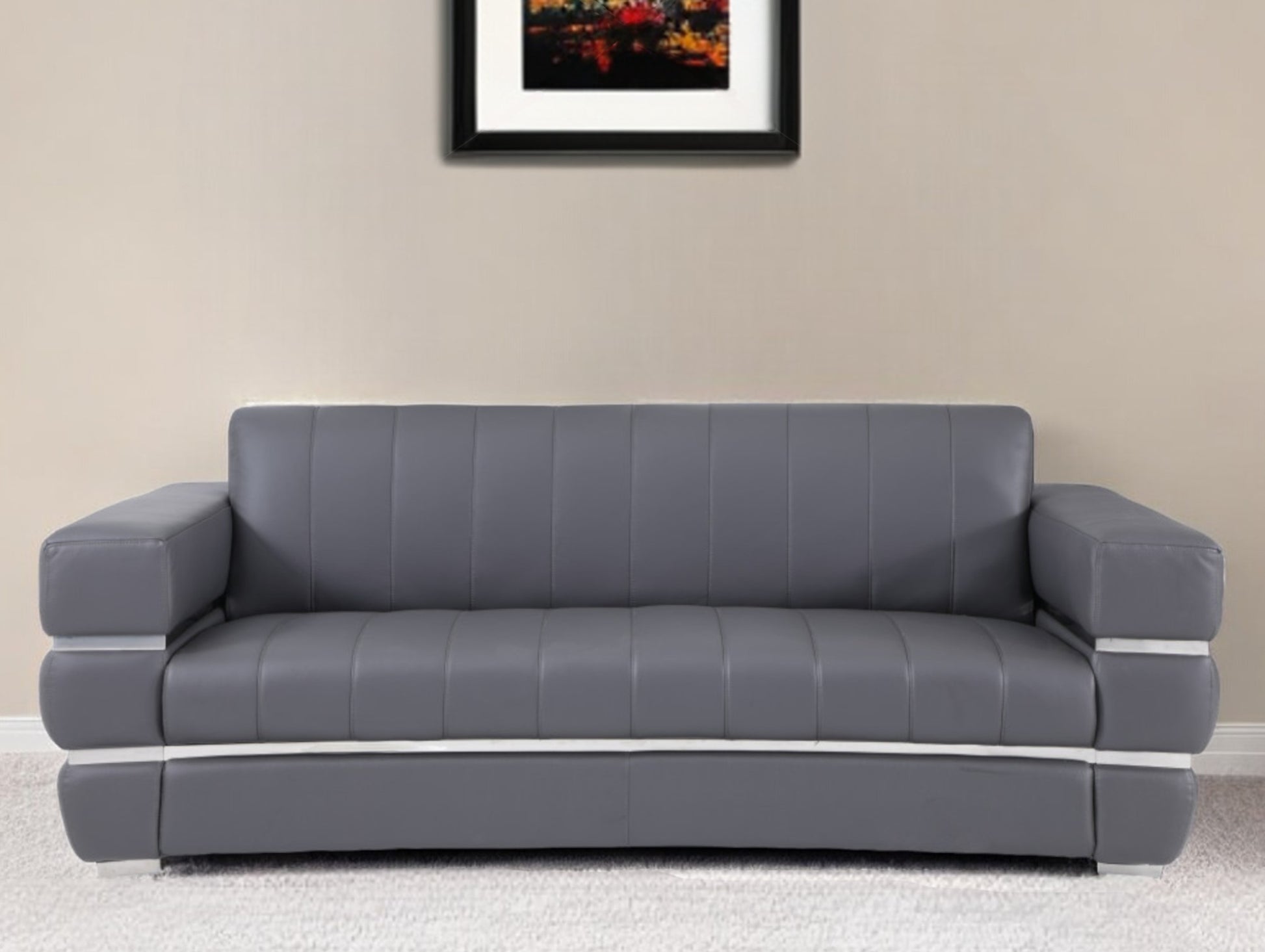 89" Dark Gray Italian Leather Sofa With Silver Legs-0