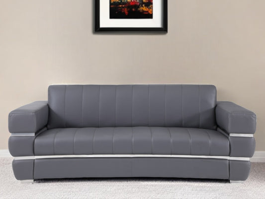 89" Dark Gray Italian Leather Sofa With Silver Legs-0