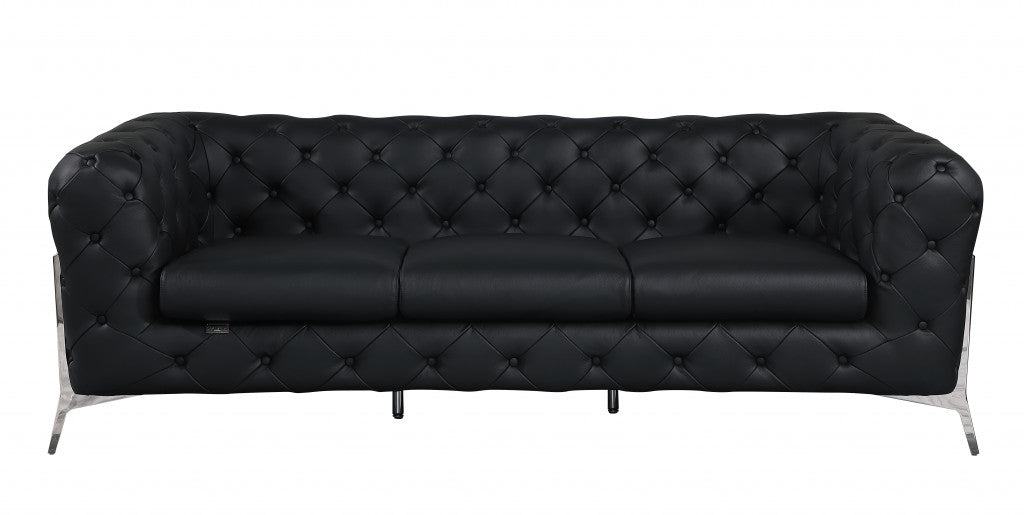 93" Black Italian Leather Chesterfield Sofa With Silver Legs-1