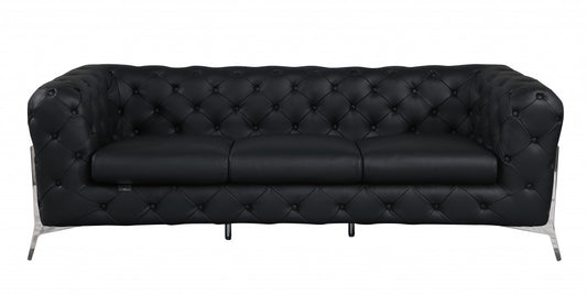 93" Black Italian Leather Chesterfield Sofa With Silver Legs-1
