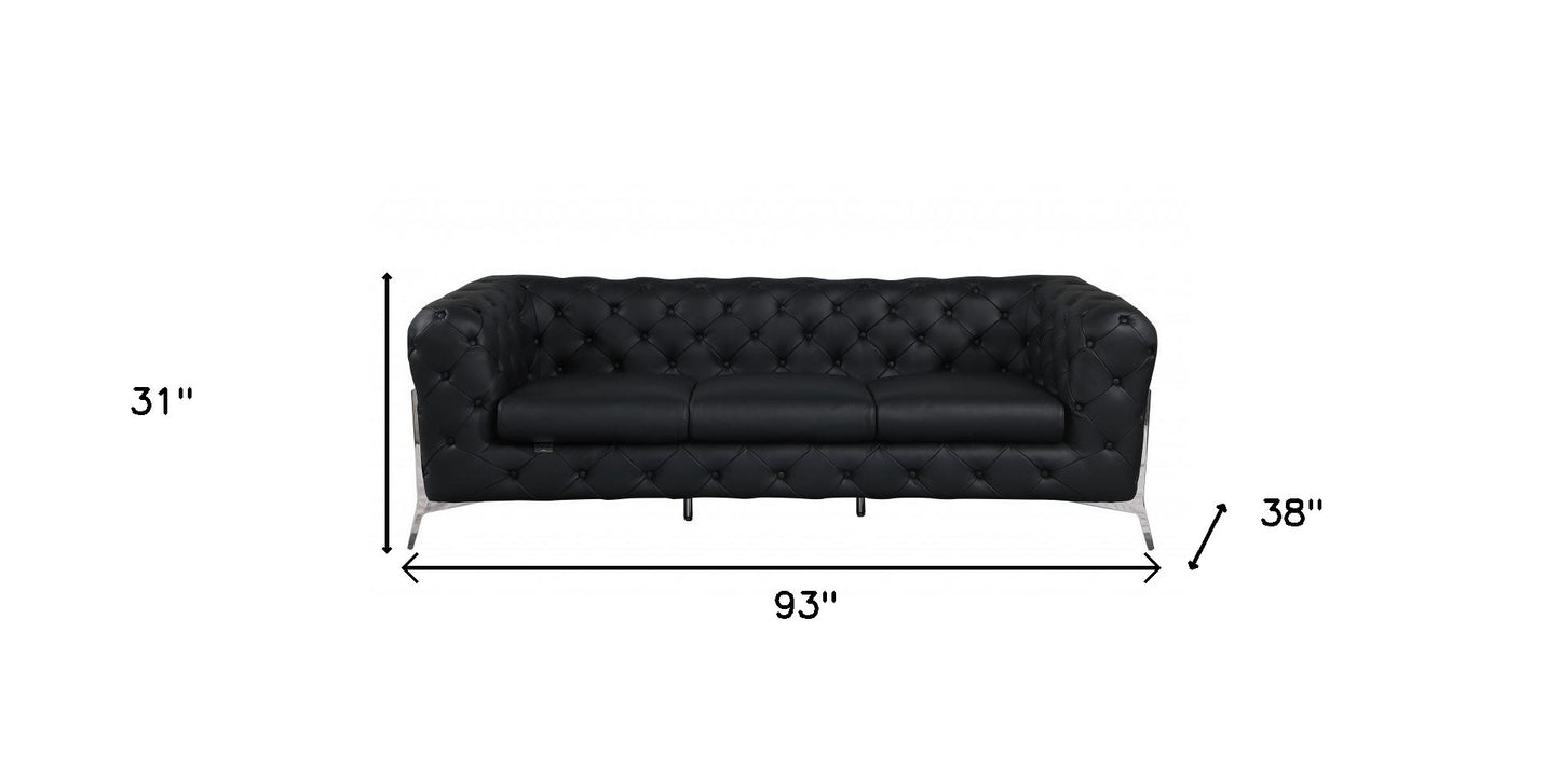 93" Black Italian Leather Chesterfield Sofa With Silver Legs-6