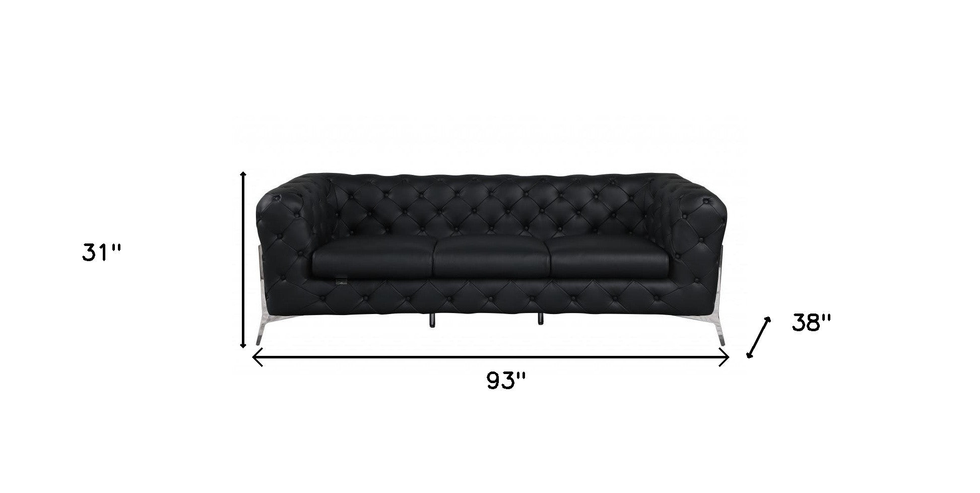 93" Black Italian Leather Chesterfield Sofa With Silver Legs-6