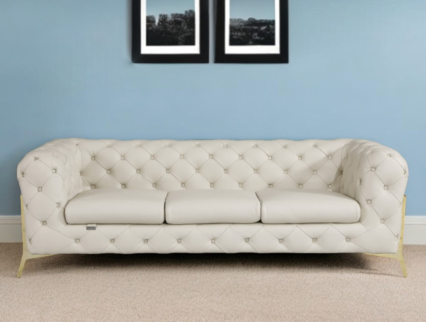 93" Beige Italian Leather Chesterfield Sofa With Silver Legs-0