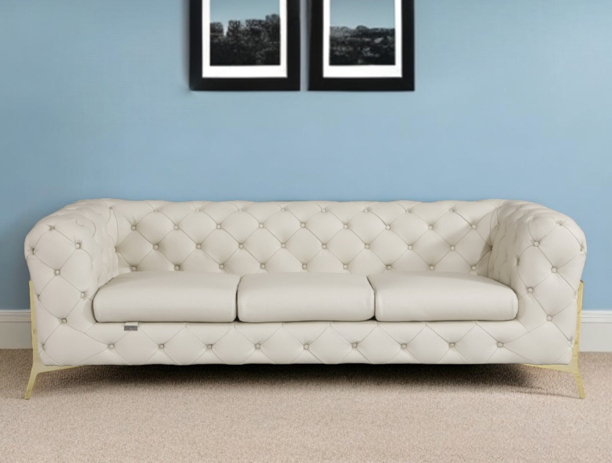93" Beige Italian Leather Chesterfield Sofa With Silver Legs-0