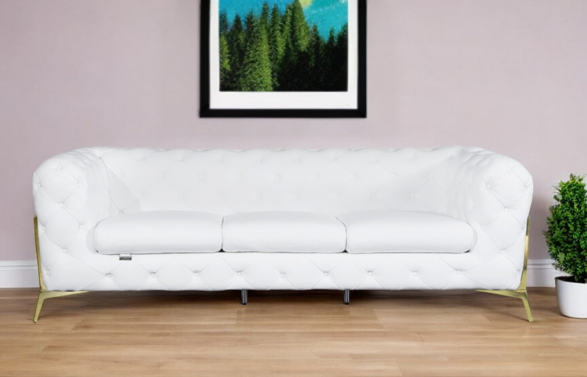 93" White Italian Leather Chesterfield Sofa With Silver Legs-0