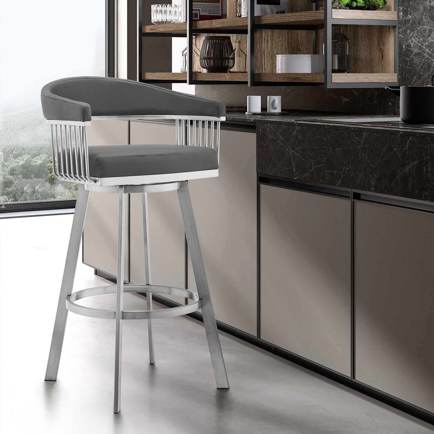 29" Gray And Silver Iron Swivel Backless Bar Height Bar Chair - Loft&Timber